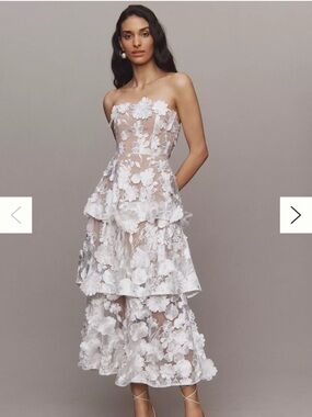 Anthropologie White Strapless Floral Appliqué Tiered Midi Dress